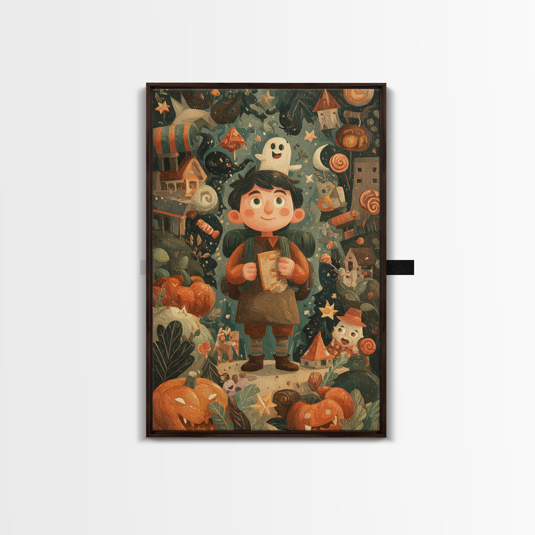 The Candy Map Adventurers, Gouache Halloween Art, Vertical Wall Art, Canvas Print, Cute Halloween Wall Art