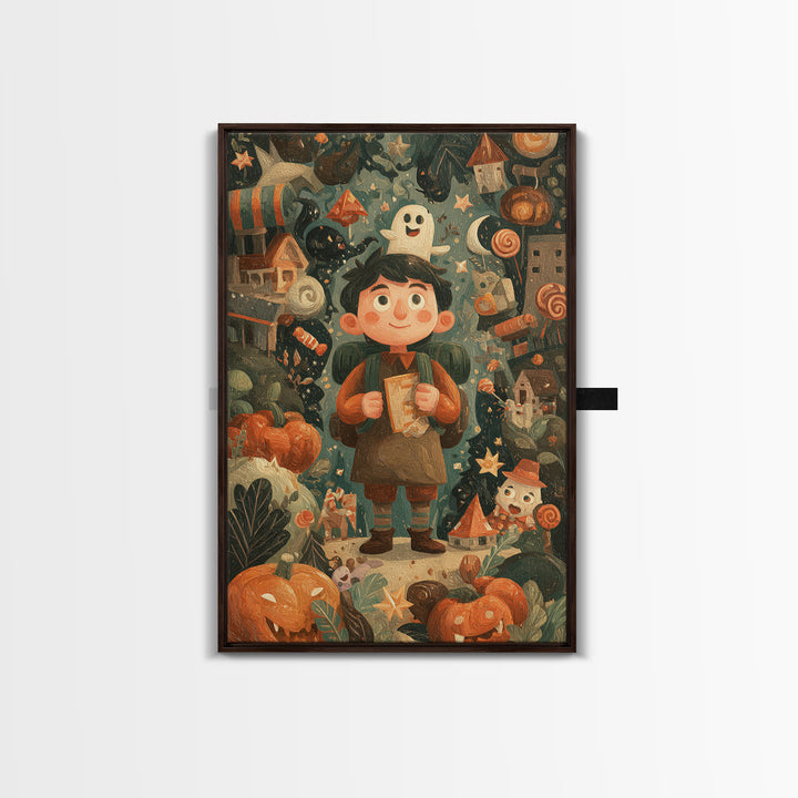 The Candy Map Adventurers, Gouache Halloween Art, Vertical Wall Art, Canvas Print, Cute Halloween Wall Art
