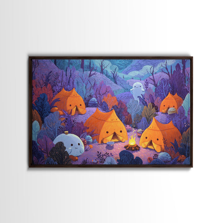The Pumpkin Campout, Crayon Halloween Art, Landscape Wall Art, Framed Canvas Print, Cute Halloween Wall Art