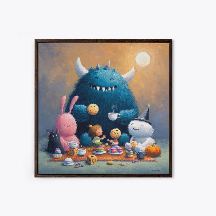 The Monster Under The Bed Tea Party, Pastel Halloween Art, Square Wall Art, Canvas Print, Cute Halloween Wall Art