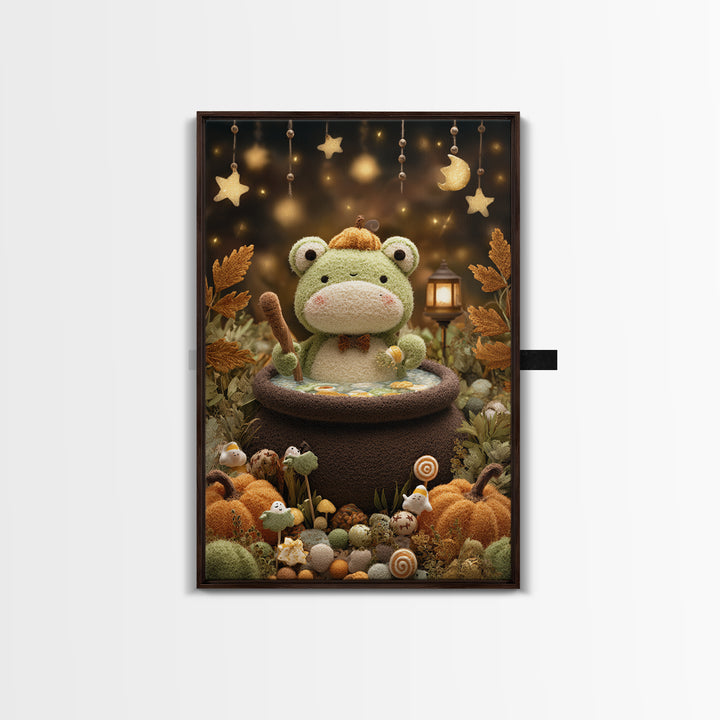 The Cauldron Frog, Plush Halloween Art, Vertical Wall Art, Canvas Print, Cute Halloween Wall Art, Whimsical Nursery Decor