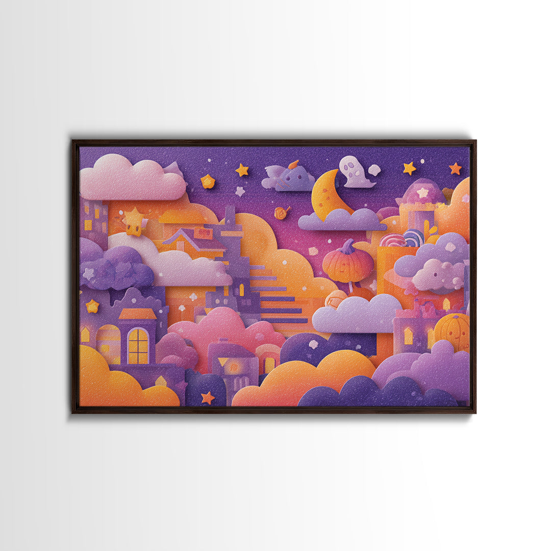 The Halloween Cloud Kingdom, Kawaii Halloween Art, Landscape Wall Art, Framed Canvas Print, Cute Halloween Wall Art