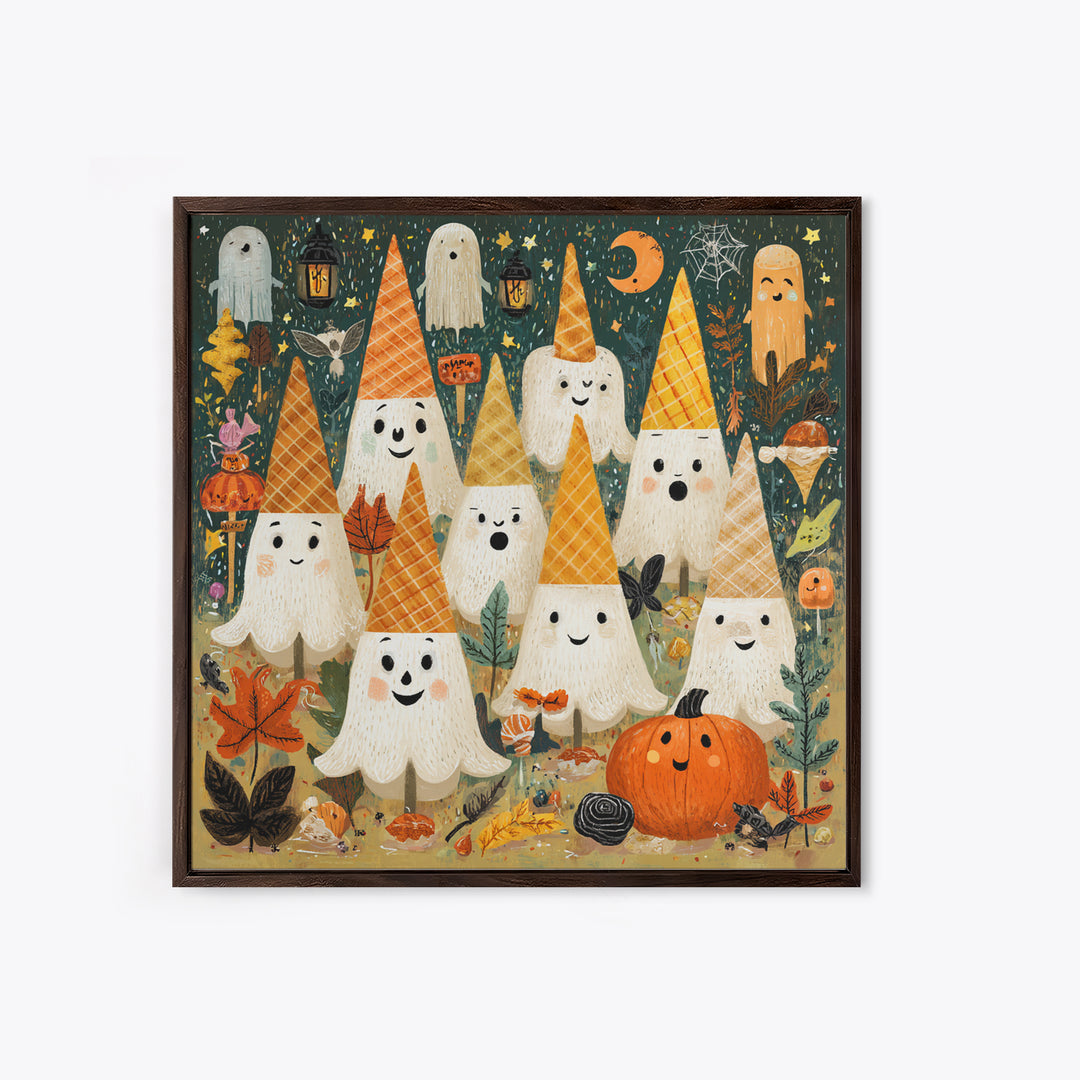 The Ice-Cream Ghost Parade, Retro Halloween Art, Square Wall Art, Canvas Print, Cute Halloween Wall Art