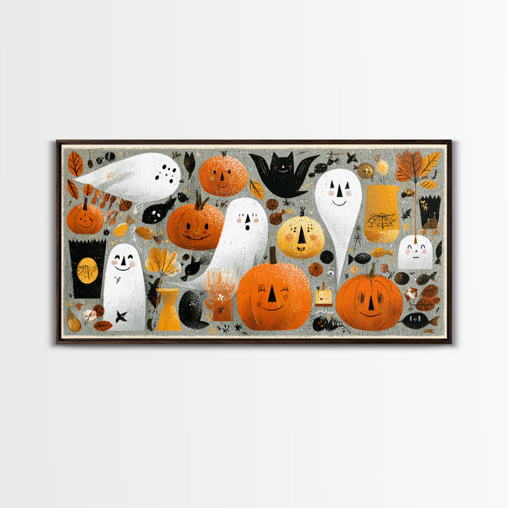 The Halloween Craft Table, Screenprint Halloween Art, Wide Panoramic Art, Framed Canvas Print, Cute Halloween Wall Art