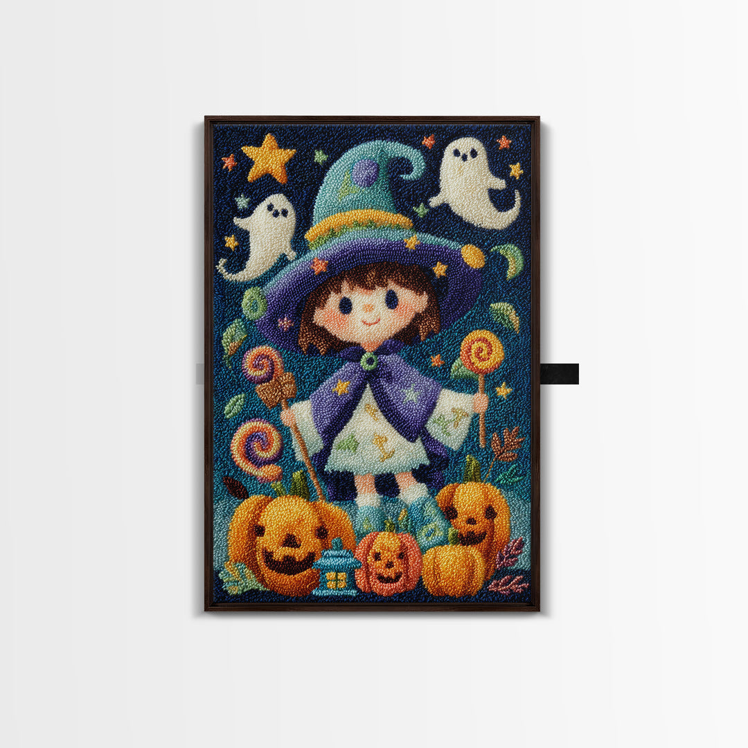 The Star-Cape Magician, Embroidered Halloween Art, Vertical Wall Art, Canvas Print, Cute Halloween Wall Art