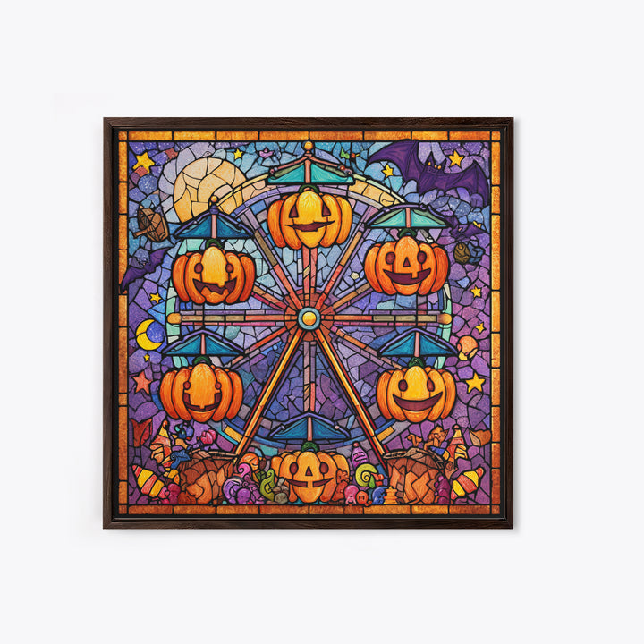 The Pumpkin Ferris Wheel, Stained Glass Halloween, Square Wall Art, Canvas Print, Cute Halloween Wall Art