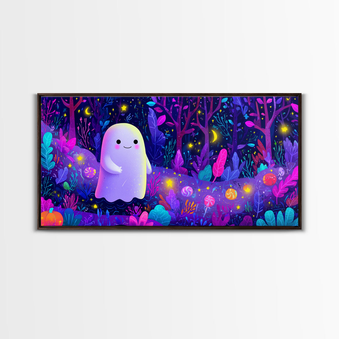 The Ghost And Firefly Friends, Vaporwave Halloween Art, Wide Panoramic Art, Framed Canvas Print, Cute Halloween Wall Art