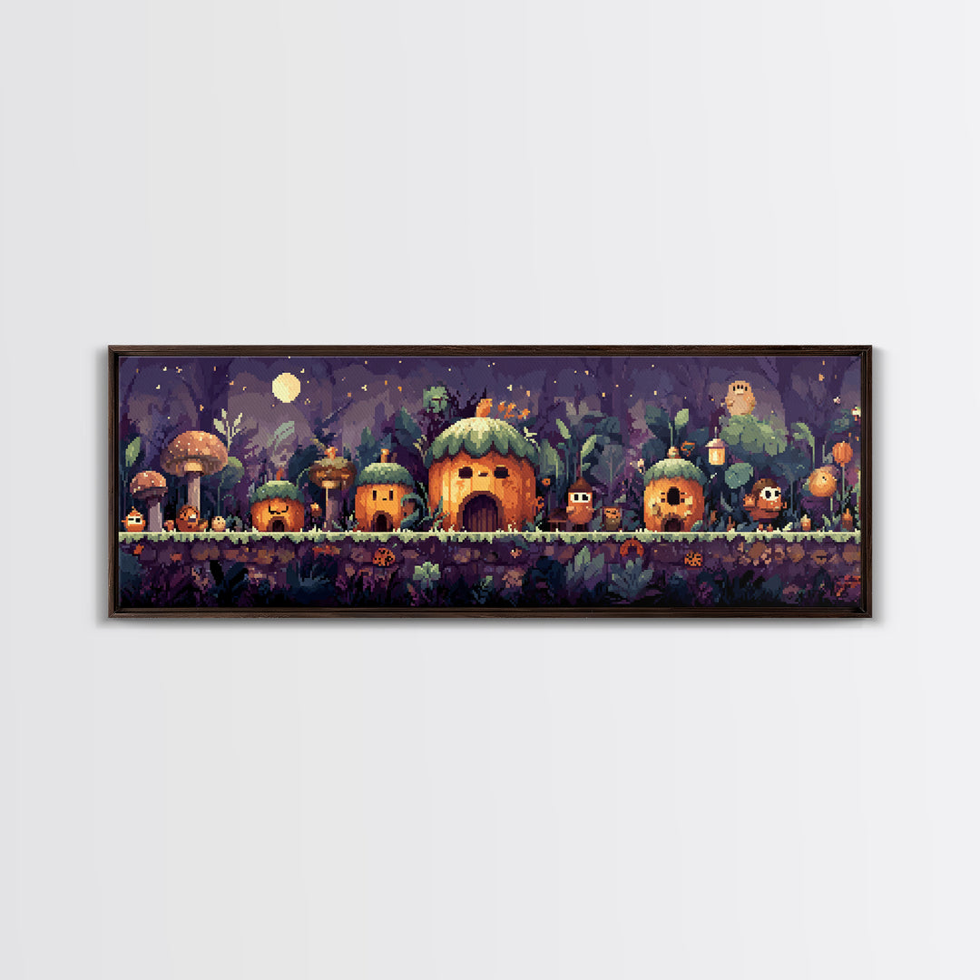 The Moonlit Acorn Village, Pixel Halloween Art, Extra Wide Wall Art, Canvas Print, Cute Halloween Wall Art