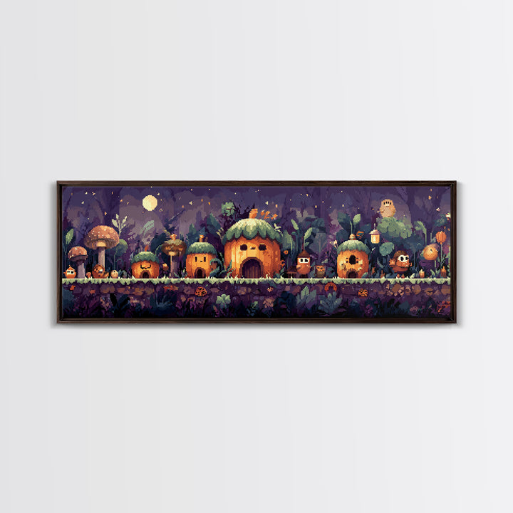 The Moonlit Acorn Village, Pixel Halloween Art, Extra Wide Wall Art, Canvas Print, Cute Halloween Wall Art