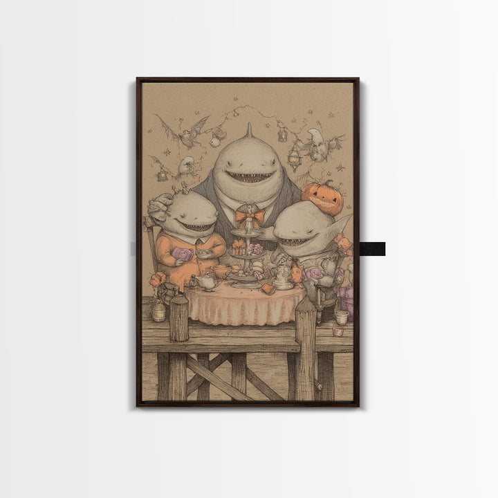 The Tea Party At Innsmouth Pier, Hand Sketch Halloween Art, Vertical Wall Art, Canvas Print, Cute Halloween Wall Art