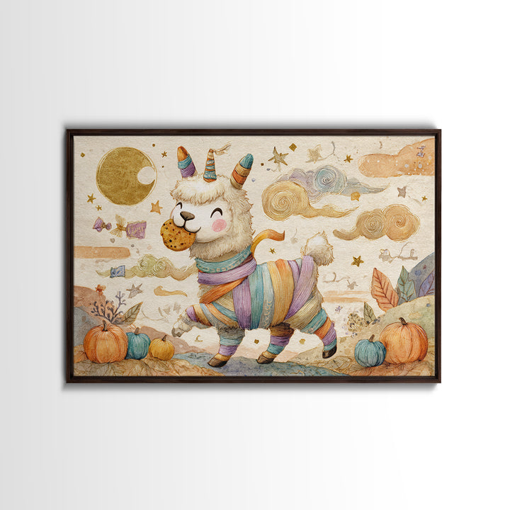 The Llama Mummy, Watercolor Halloween Art, Landscape Wall Art, Framed Canvas Print, Cute Halloween Wall Art