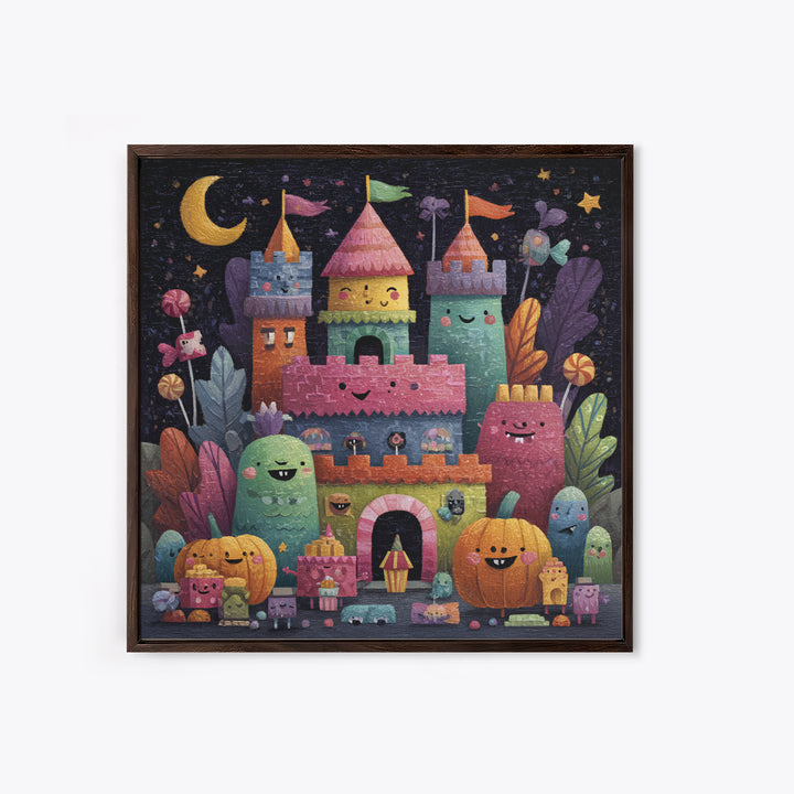 The Candy Castle, Gouache Halloween Art, Square Wall Art, Canvas Print, Cute Halloween Wall Art, Halloween Kids Decor, Storybook Decor