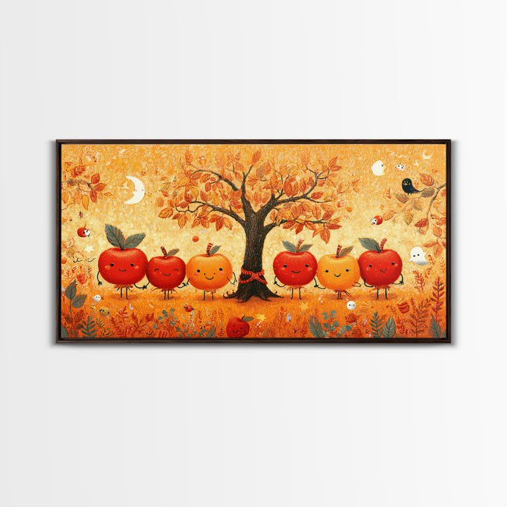 The Caramel Apple Friends, Crayon Halloween Art, Wide Panoramic Art, Framed Canvas Print, Cute Halloween Wall Art