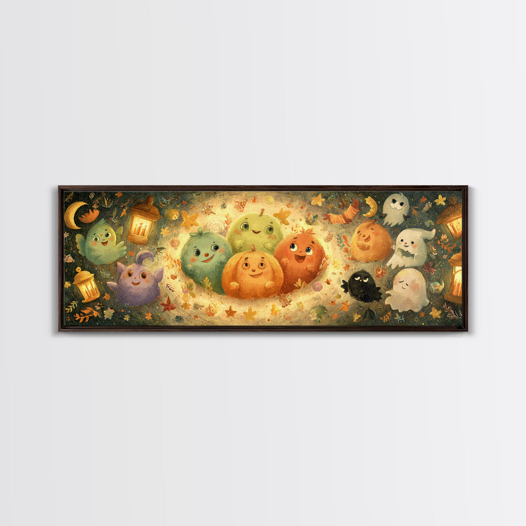 The Halloween Story Circle, Pastel Halloween Art, Extra Wide Wall Art, Canvas Print, Cute Halloween Wall Art