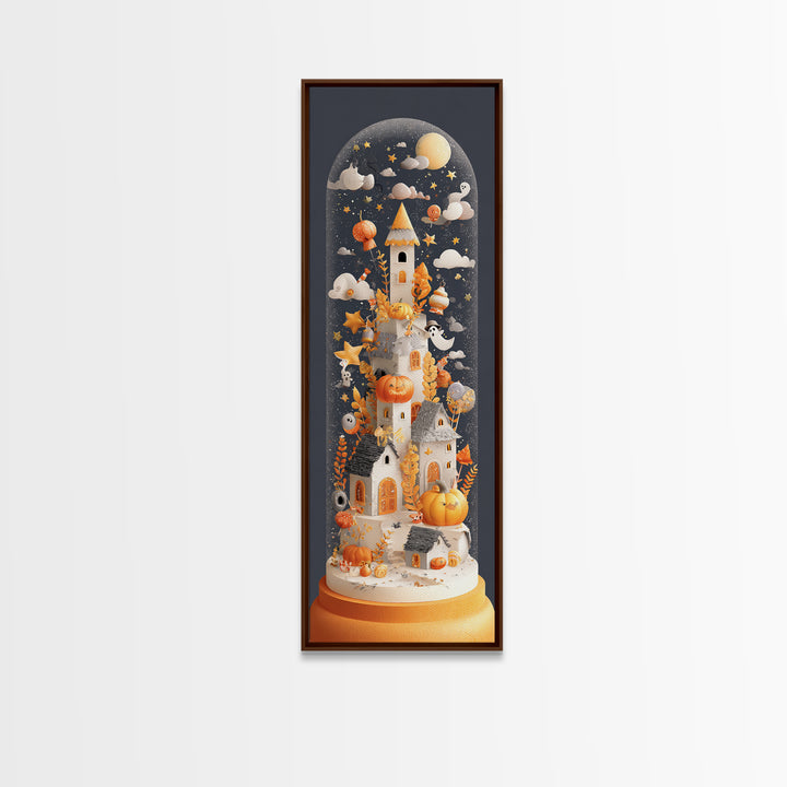 Halloween Inside A Snow Globe, Paper Collage Halloween, Tall Narrow Wall Art, Framed Canvas Print, Cute Halloween Wall Art