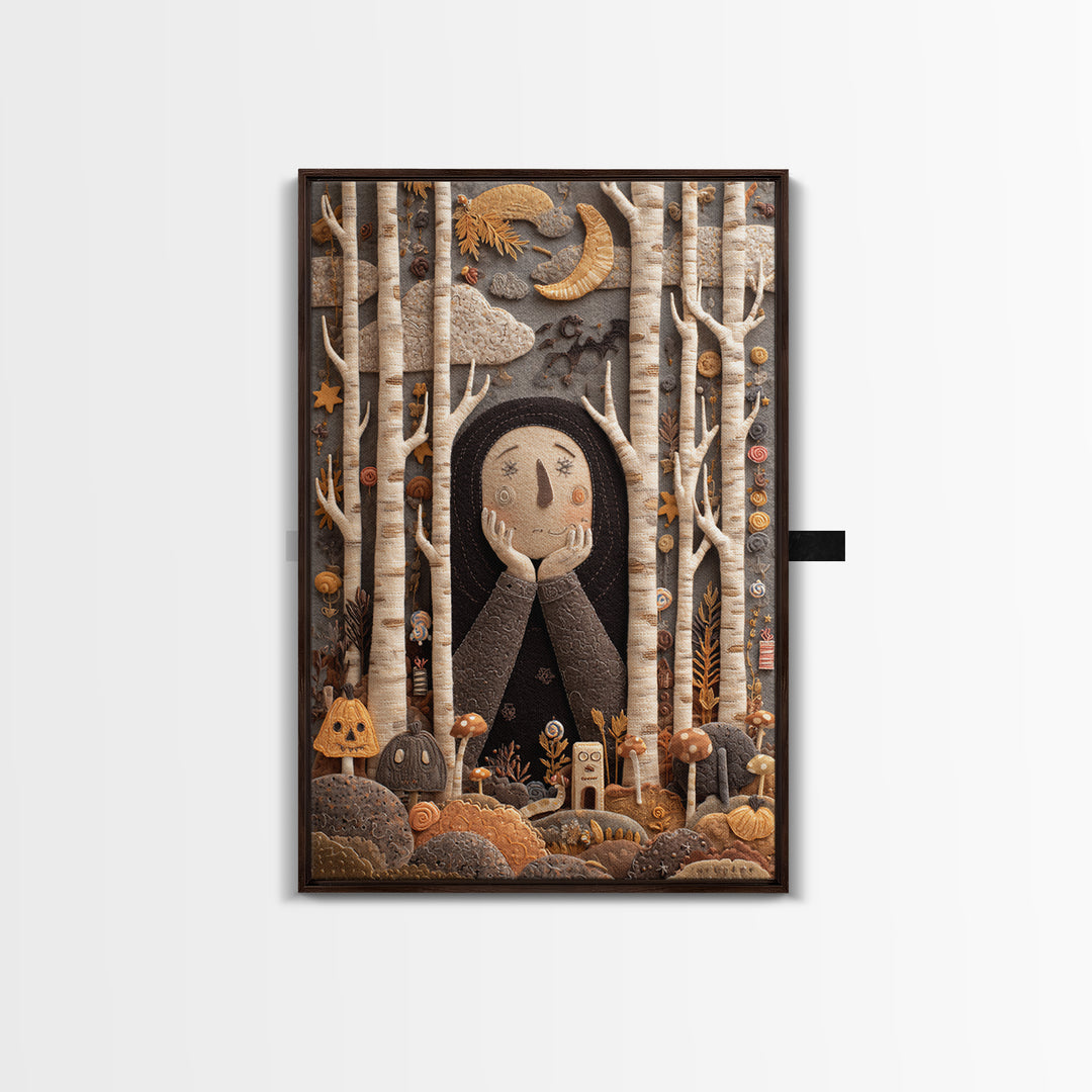 The Sleeper In The Birch Grove, Felt Halloween Art, Vertical Wall Art, Canvas Print, Cute Halloween Wall Art