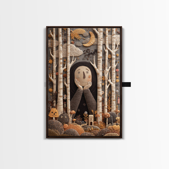 The Sleeper In The Birch Grove, Felt Halloween Art, Vertical Wall Art, Canvas Print, Cute Halloween Wall Art