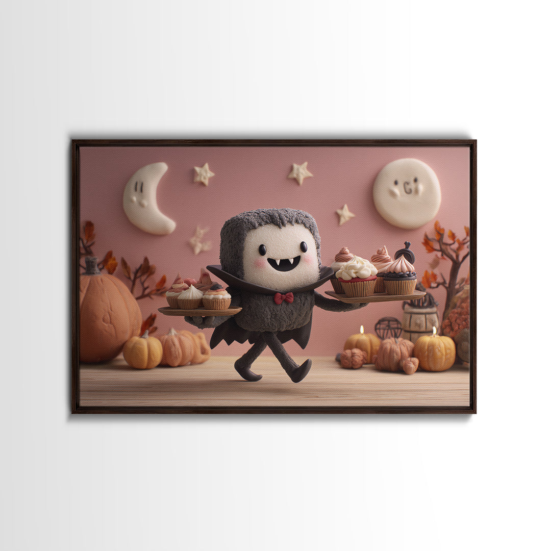 The Cupcake Vampire, Clay Halloween Art, Landscape Wall Art, Framed Canvas Print, Cute Halloween Wall Art
