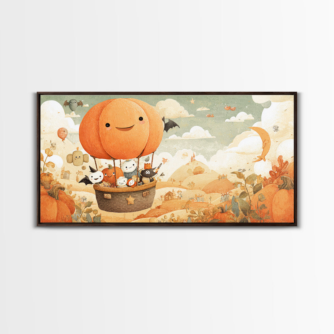 The Pumpkin Hot-Air Balloon, Kawaii Halloween Art, Wide Panoramic Art, Framed Canvas Print, Cute Halloween Wall Art