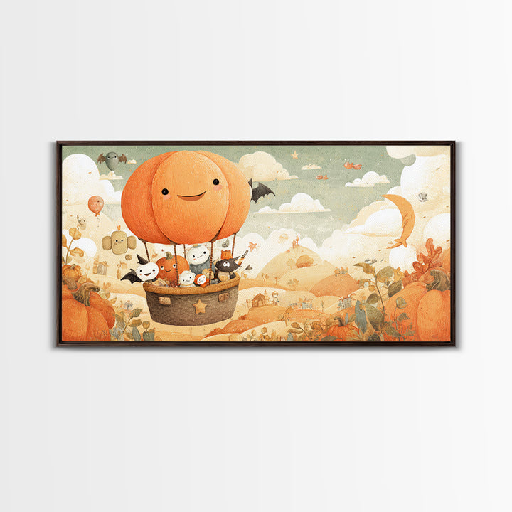 The Pumpkin Hot-Air Balloon, Kawaii Halloween Art, Wide Panoramic Art, Framed Canvas Print, Cute Halloween Wall Art