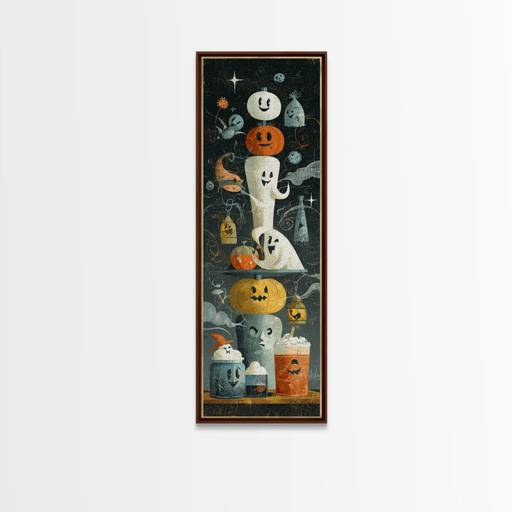 The Midnight Cocoa Party, Screenprint Halloween Art, Tall Narrow Wall Art, Framed Canvas Print, Cute Halloween Wall Art
