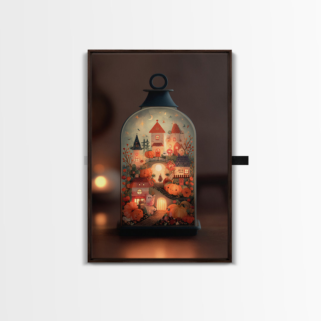 The World Inside A Lantern, Folk Halloween Art, Vertical Wall Art, Canvas Print, Cute Halloween Wall Art