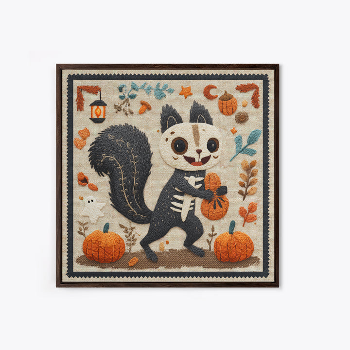 The Squirrel Skeleton, Embroidered Halloween Art, Square Wall Art, Canvas Print, Cute Halloween Wall Art