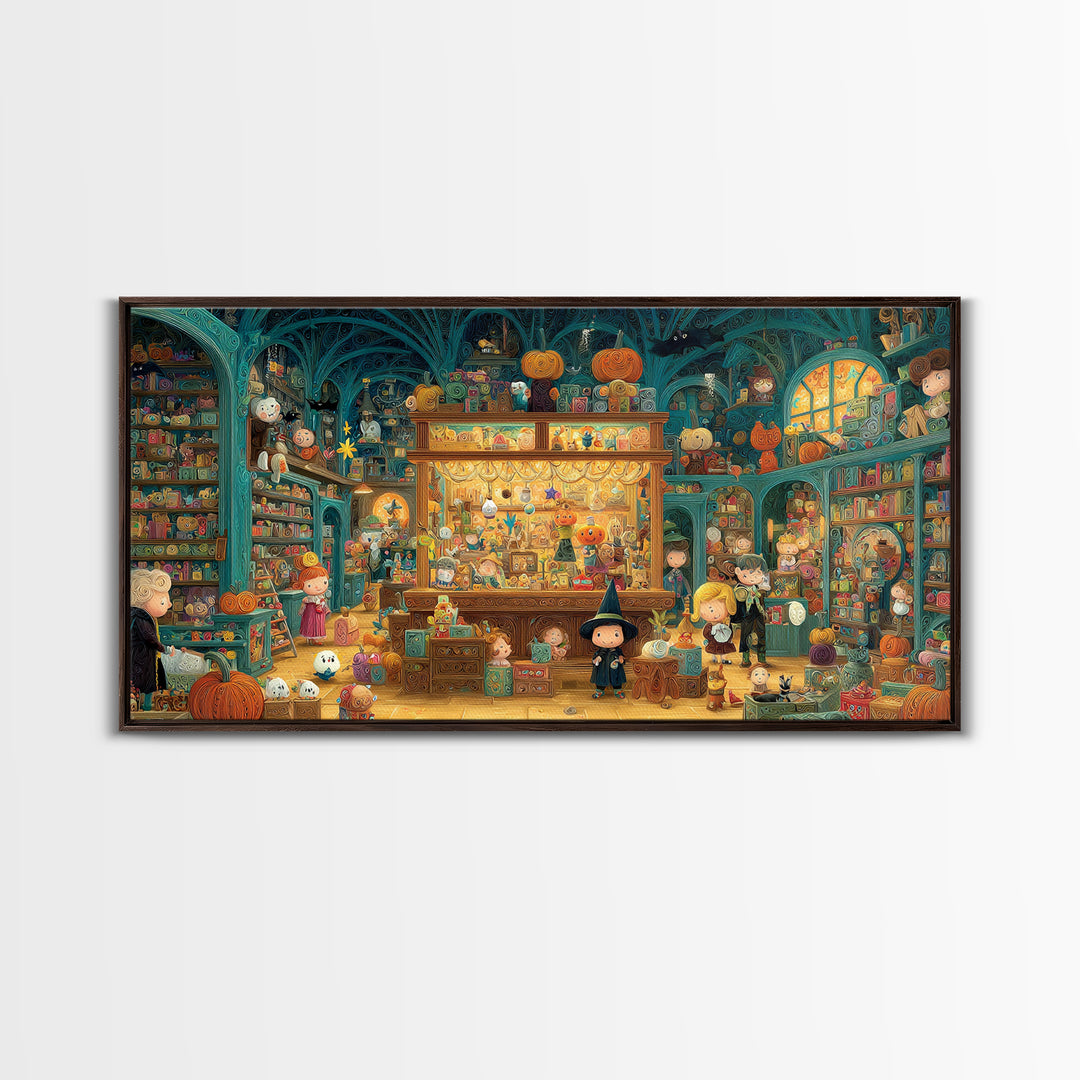 The Moonlight Toy Shop, Quilled Halloween Art, Wide Panoramic Art, Framed Canvas Print, Cute Halloween Wall Art