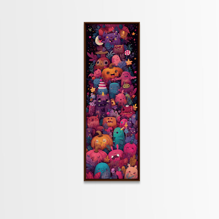 The Monster Hide-And-Seek Game, Vaporwave Halloween Art, Tall Narrow Wall Art, Framed Canvas Print, Cute Halloween Wall Art