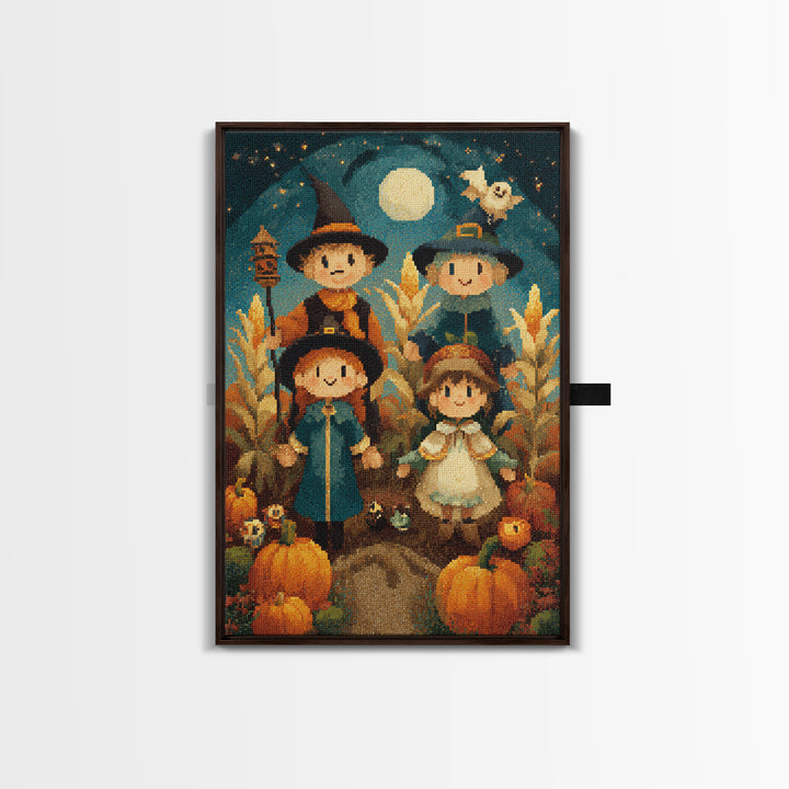 The Starry Cornfield Maze, Pixel Halloween Art, Vertical Wall Art, Canvas Print, Cute Halloween Wall Art
