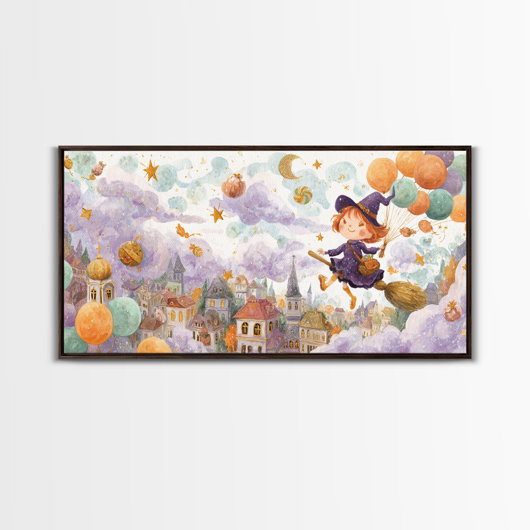The Witch With A Balloon Broom, Watercolor Halloween Art, Wide Panoramic Art, Framed Canvas Print, Cute Halloween Wall Art