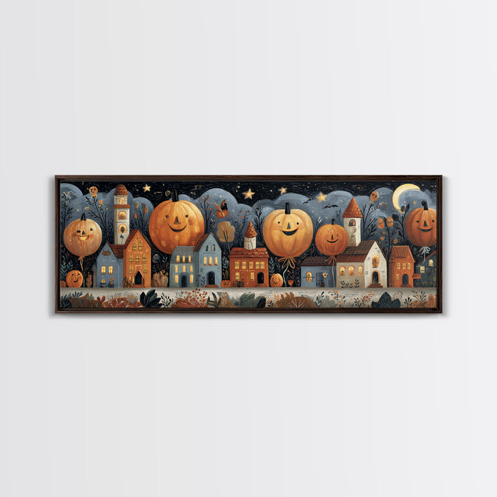 The Pumpkin Balloon Parade, Gouache Halloween Art, Extra Wide Wall Art, Canvas Print, Cute Halloween Wall Art