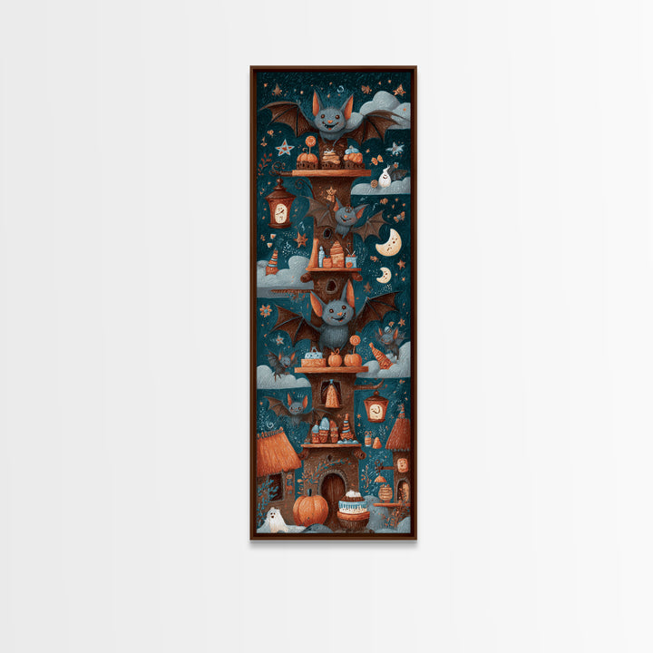 The Brownie Bat Bakery, Crayon Halloween Art, Tall Narrow Wall Art, Framed Canvas Print, Cute Halloween Wall Art