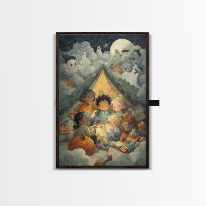 The Halloween Sleepover, Pastel Halloween Art, Vertical Wall Art, Canvas Print, Cute Halloween Wall Art
