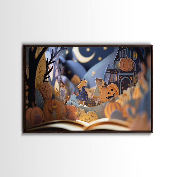 The Enchanted Halloween Library, Paper Collage Halloween, Landscape Wall Art, Framed Canvas Print, Cute Halloween Wall Art