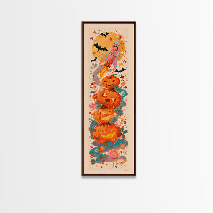 The Pumpkin Rocket Ship, Kawaii Halloween Art, Tall Narrow Wall Art, Framed Canvas Print, Cute Halloween Wall Art, Storybook Decor