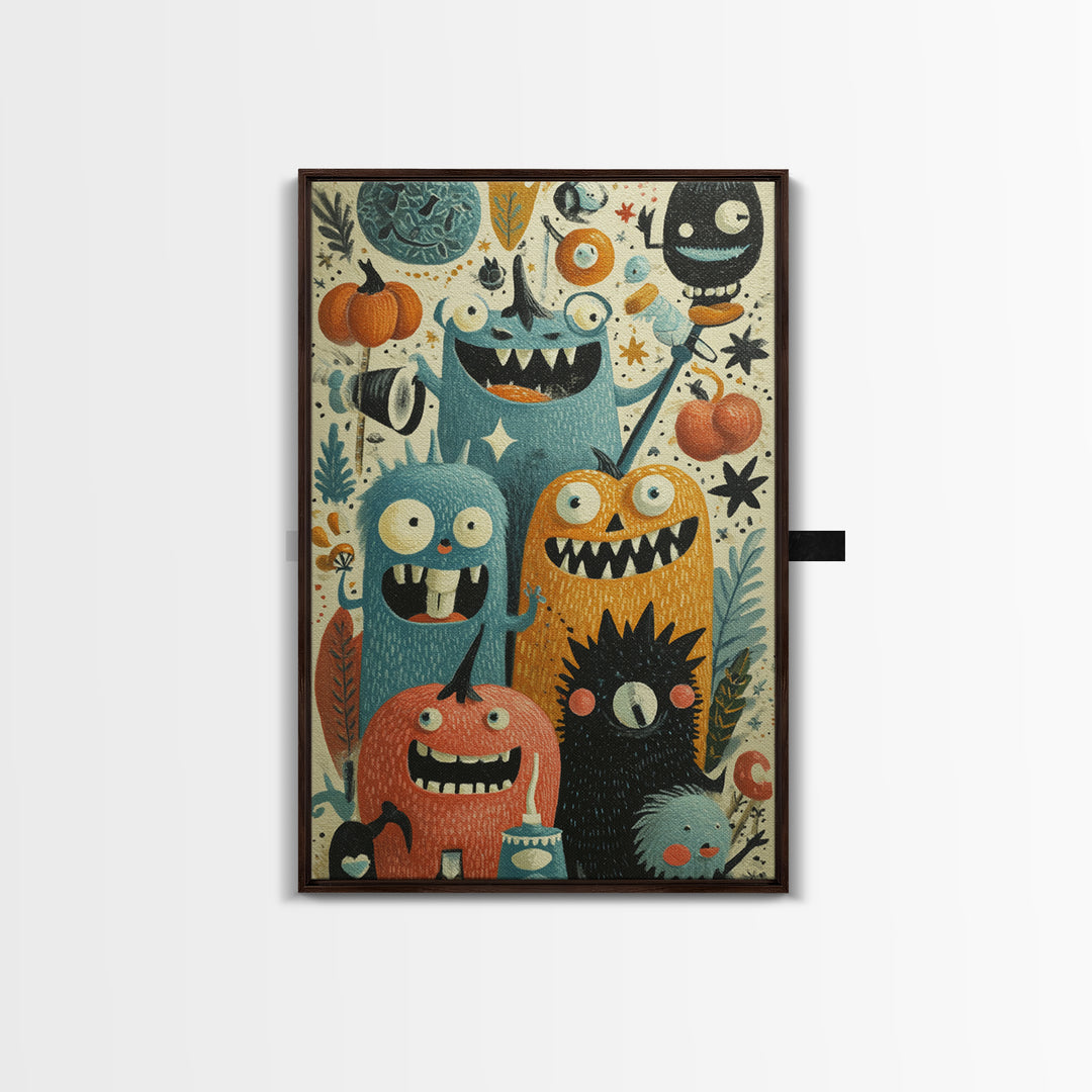 The Monster Toothbrush Club, Retro Halloween Art, Vertical Wall Art, Canvas Print, Cute Halloween Wall Art