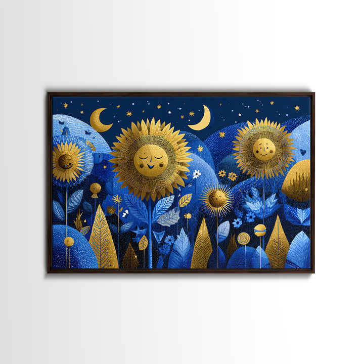 The Singing Sunflowers At Midnight, Screenprint Halloween Art, Landscape Wall Art, Framed Canvas Print, Cute Halloween Wall Art