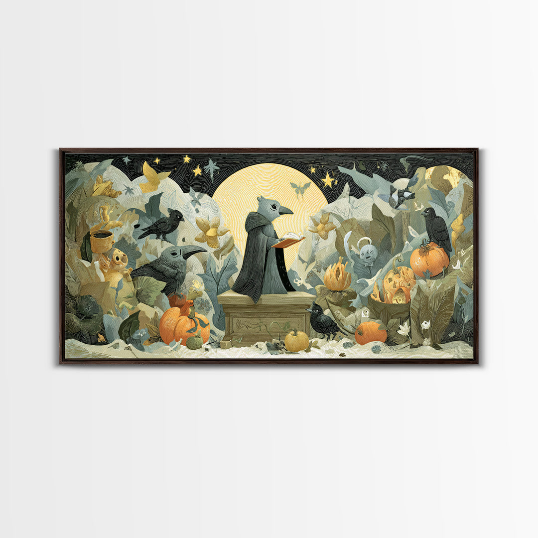 The Raven Sermon Of Leng, Linocut Halloween Art, Wide Panoramic Art, Framed Canvas Print, Cute Halloween Wall Art