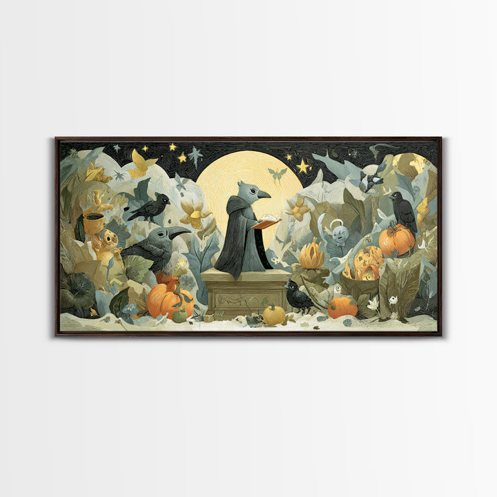 The Raven Sermon Of Leng, Linocut Halloween Art, Wide Panoramic Art, Framed Canvas Print, Cute Halloween Wall Art