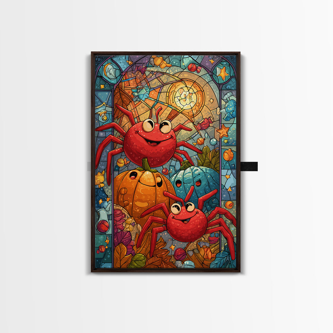 The Licorice Spider Family, Stained Glass Halloween, Vertical Wall Art, Canvas Print, Cute Halloween Wall Art