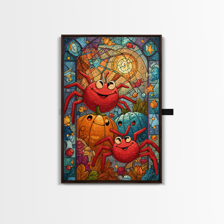 The Licorice Spider Family, Stained Glass Halloween, Vertical Wall Art, Canvas Print, Cute Halloween Wall Art