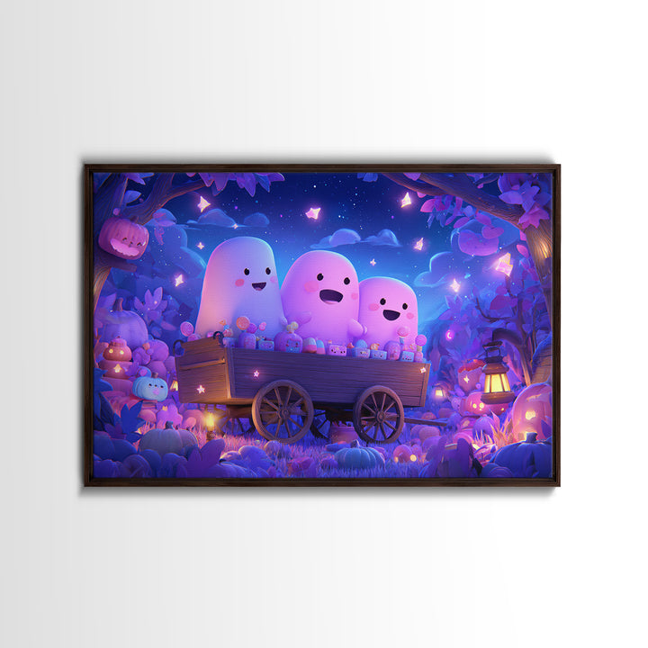 The Friendly Haunted Hayride, Vaporwave Halloween Art, Landscape Wall Art, Framed Canvas Print, Cute Halloween Wall Art