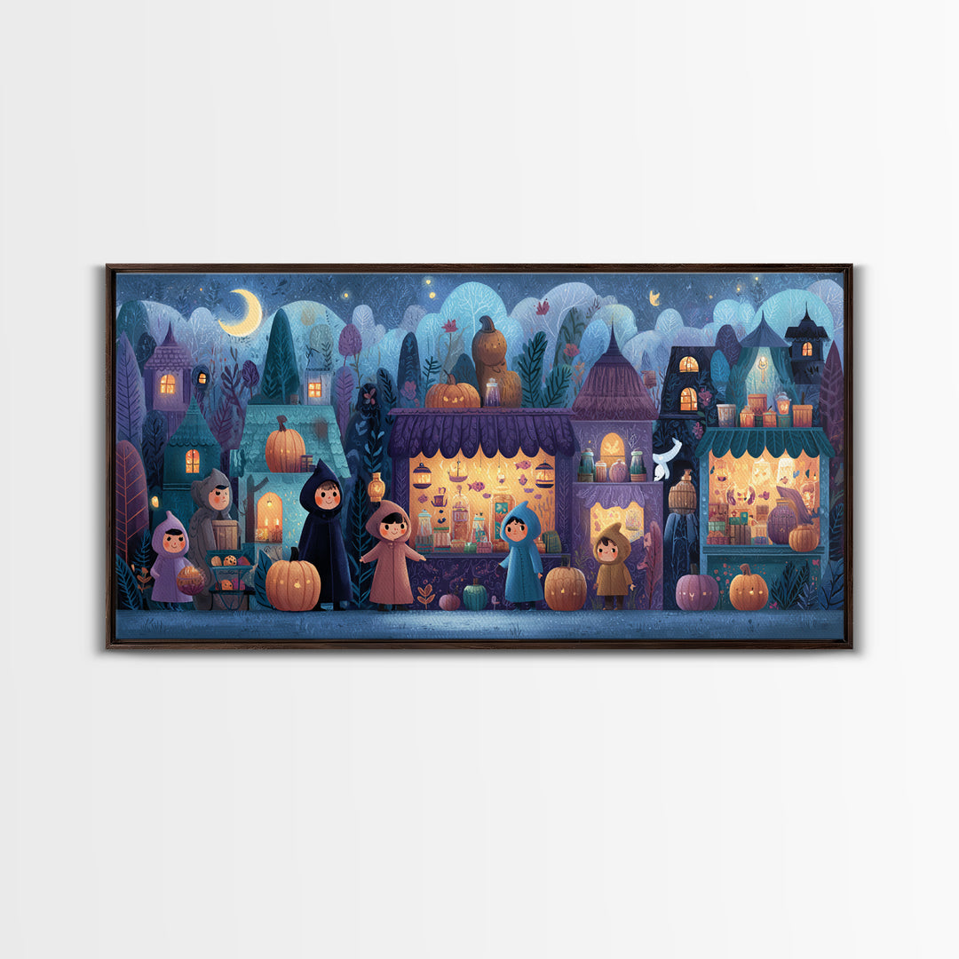 The Lantern Market Beyond The Veil, Vector Halloween Art, Wide Panoramic Art, Framed Canvas Print, Cute Halloween Wall Art