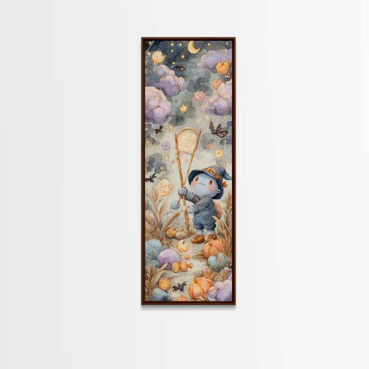 The Cloud-Catching Wizard, Watercolor Halloween Art, Tall Narrow Wall Art, Framed Canvas Print, Cute Halloween Wall Art