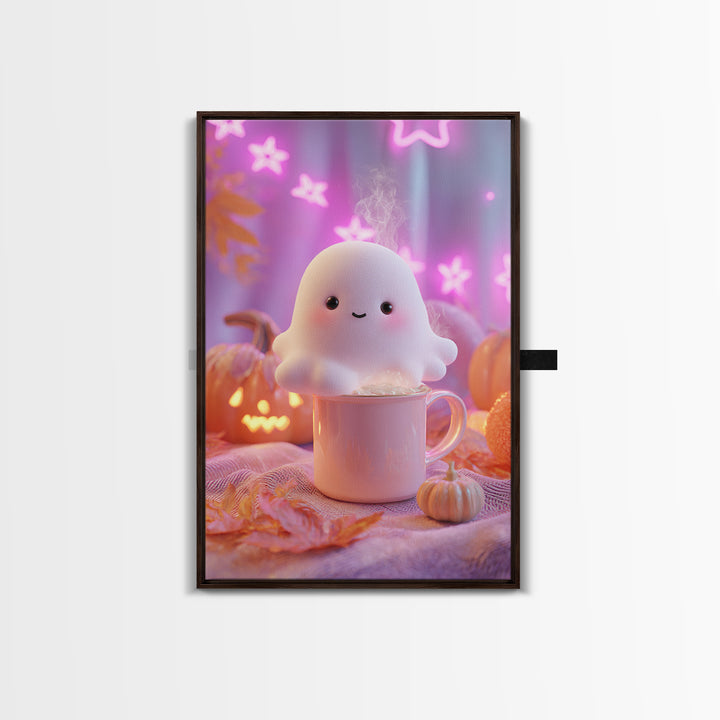 The Marshmallow Ghost, Vaporwave Halloween Decor, Vertical Wall Art, Framed Canvas Print, Retro Halloween Decor, Neon Wall Art