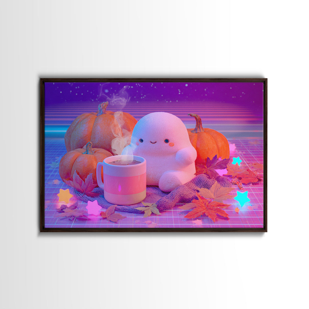 The Marshmallow Ghost, Cute Spooky Neon Art, Landscape Wall Art, Framed Canvas Print, Retro Halloween Decor, Neon Wall Art, Macabre Wall Art