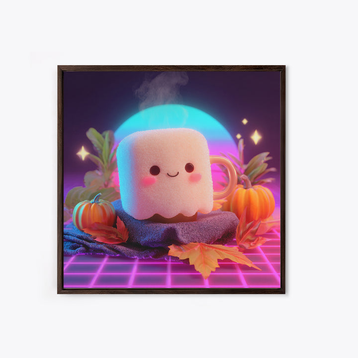 The Marshmallow Ghost, Vaporwave Halloween Decor, Square Wall Art, Framed Canvas Print, Retro Halloween Decor, Neon Wall Art