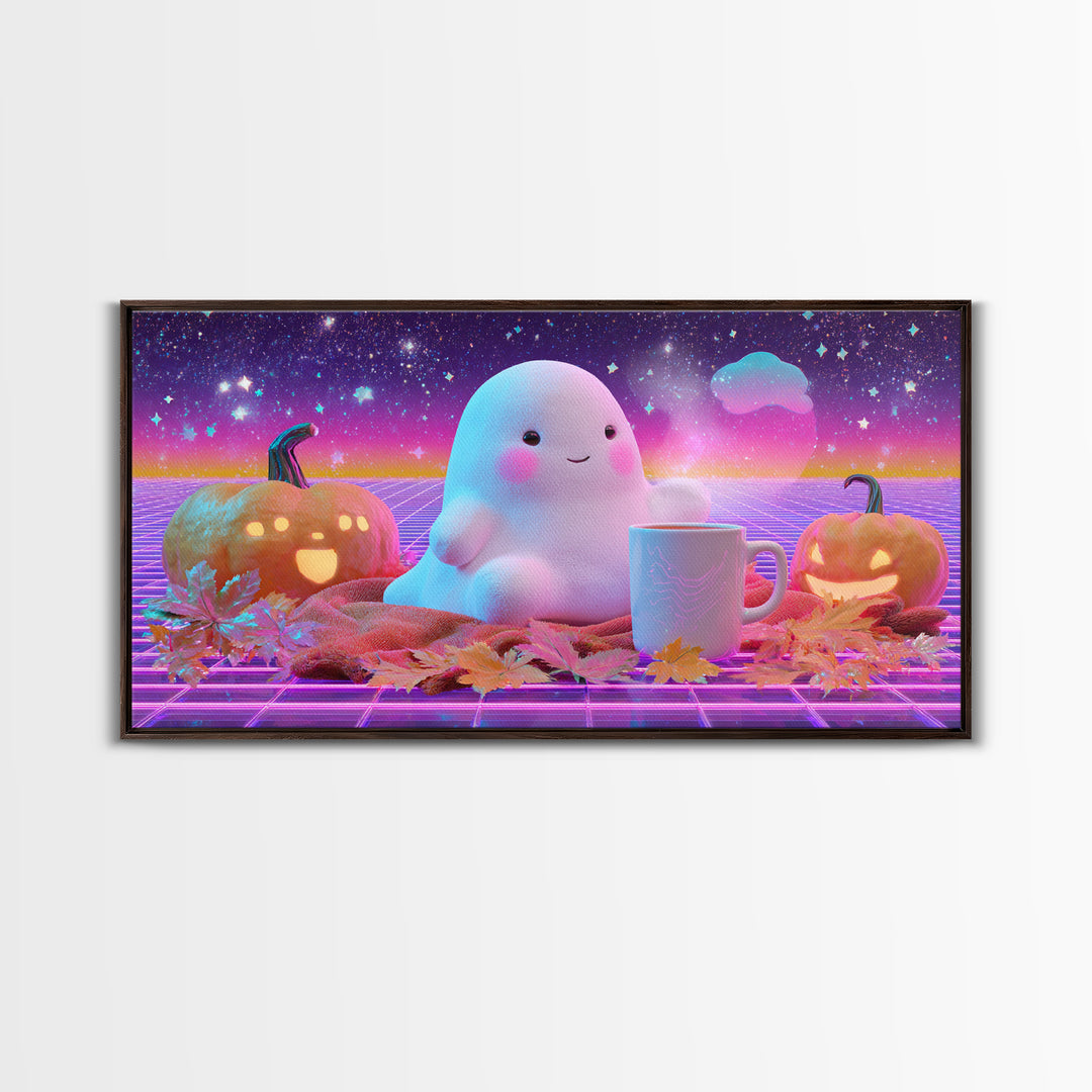 The Marshmallow Ghost, Cute Spooky Neon Art, Wide Panoramic Art, Canvas Print, Retro Halloween Decor, Neon Wall Art, Seasonal Home Decor