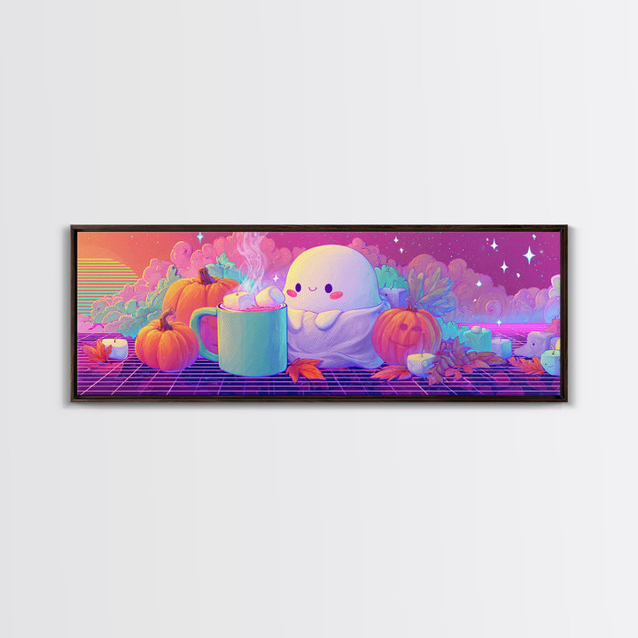 The Marshmallow Ghost, Retro Neon Halloween Art, Extra Wide Wall Art, Framed Canvas Print, Retro Halloween Decor, Neon Wall Art
